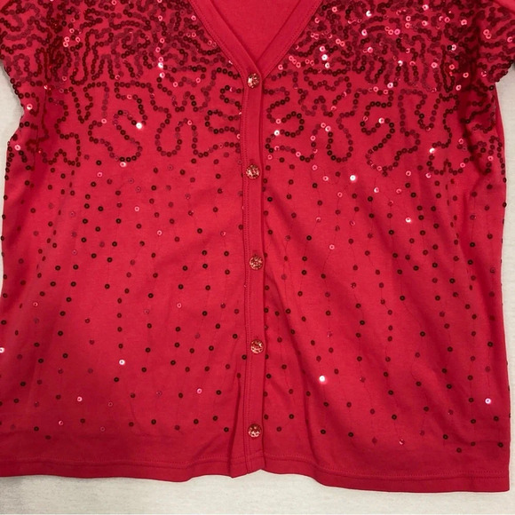 Quacker Factory Red Sequins Evening Layered Stretch Pullover Top Medium - Picture 6 of 9